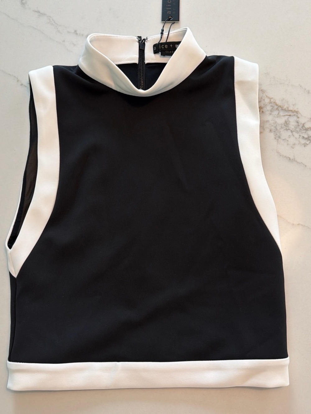 Alice + Olivia Black Sleeveless Mock Neck Top with White Trim